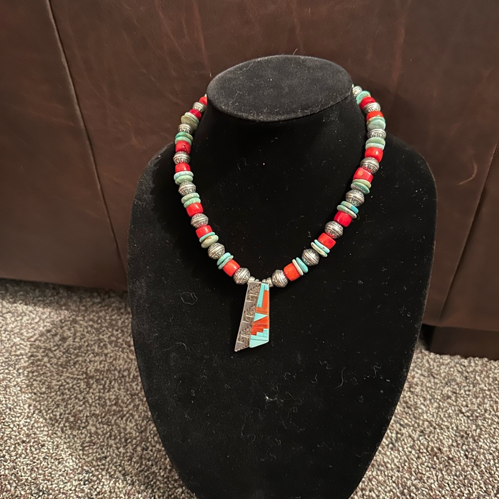 Hand Crafted Vintage signed Pendant Turquoise/Coral & Sterling Silver Necklace - Picture 1 of 3